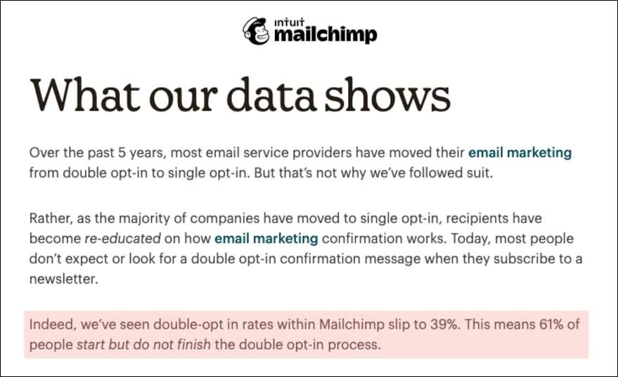 Mailchimp screenshot showing double opt-in rates of 39%.